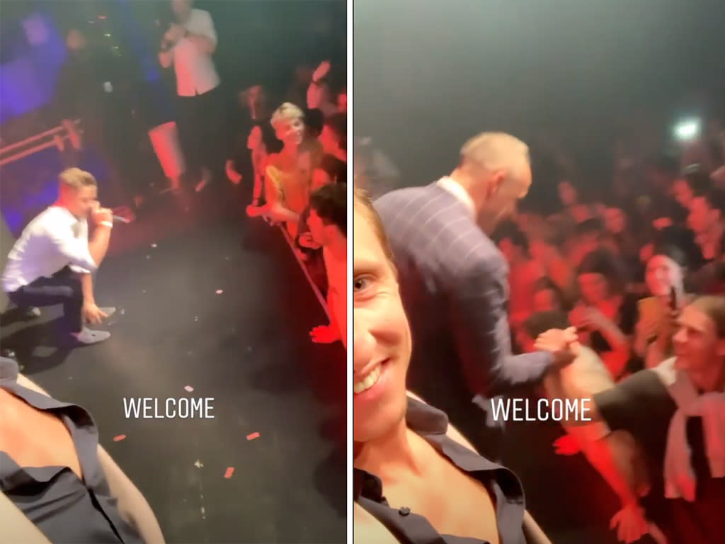 MAFS grooms shaking hands on stage melbourne event
