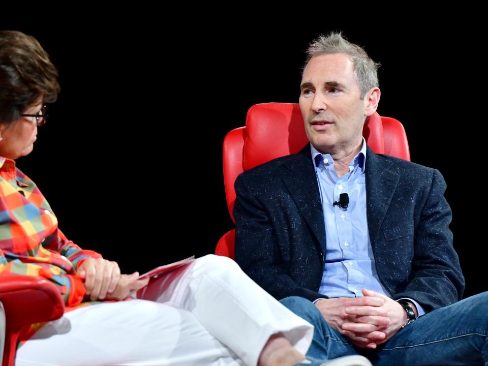 Kara Swisher and Amazon President and CEO Andy Jassy speak onstage during Vox Media's 2022 Code Conference.