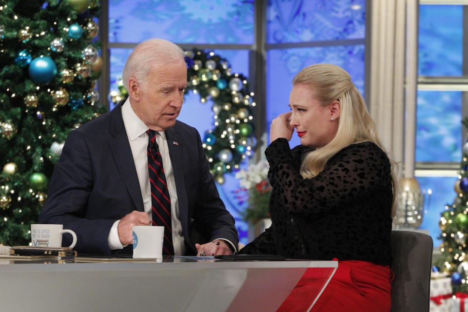 Former Vice President Joe Biden and Meghan McCain discuss their loved one's&nbsp;experiences with glioblastomas on "The View" on Dec. 13, 2017. (Photo: Lou Rocco via Getty Images)