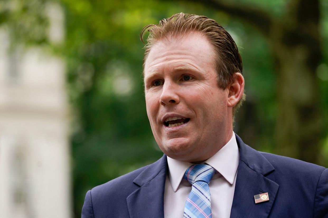 Andrew Giuliani, a Republican candidate for Governor of New York, during a news conference in Manhattan, New York on Tuesday, June 7, 2022.