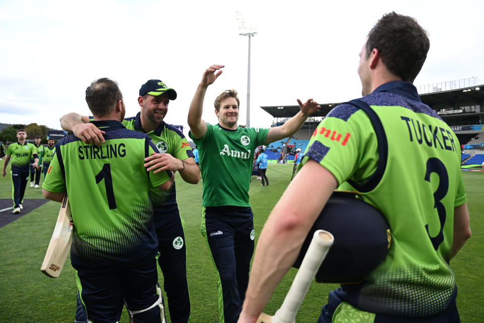 Irish players, pictured here celebrating after beating the West Indies at the T20 World Cup.