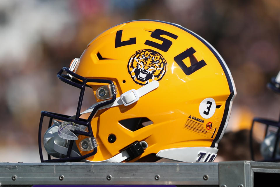 COLUMBIA, MO - OCTOBER 07: A view of an LSU Tigers helmet during an SEC football game between the LSU Tigers and Missouri Tigers on Oct 7, 2023 at Memorial Stadium in Columbia, MO. (Photo by Scott Winters/Icon Sportswire via Getty Images)