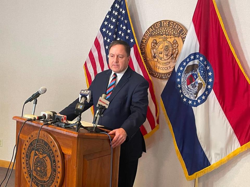 Missouri Secretary of State Jay Ashcroft speaks with reporters in Jefferson City on Jan. 23, 2024. Kacen Bayless/kbayless@kcstar.com