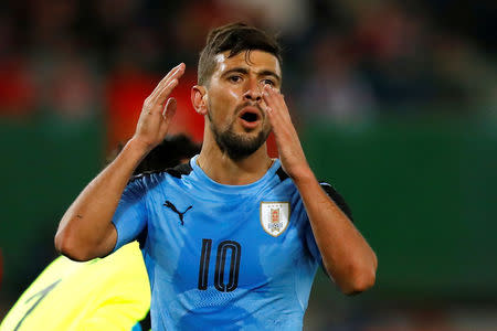 Foto del martes del futbolista de Uruguay Giorgian de Arrascaeta reaccionando tras fallar una opción de gol en el amistoso ante Austria. Nov 14, 2017 REUTERS/Leonhard Foeger