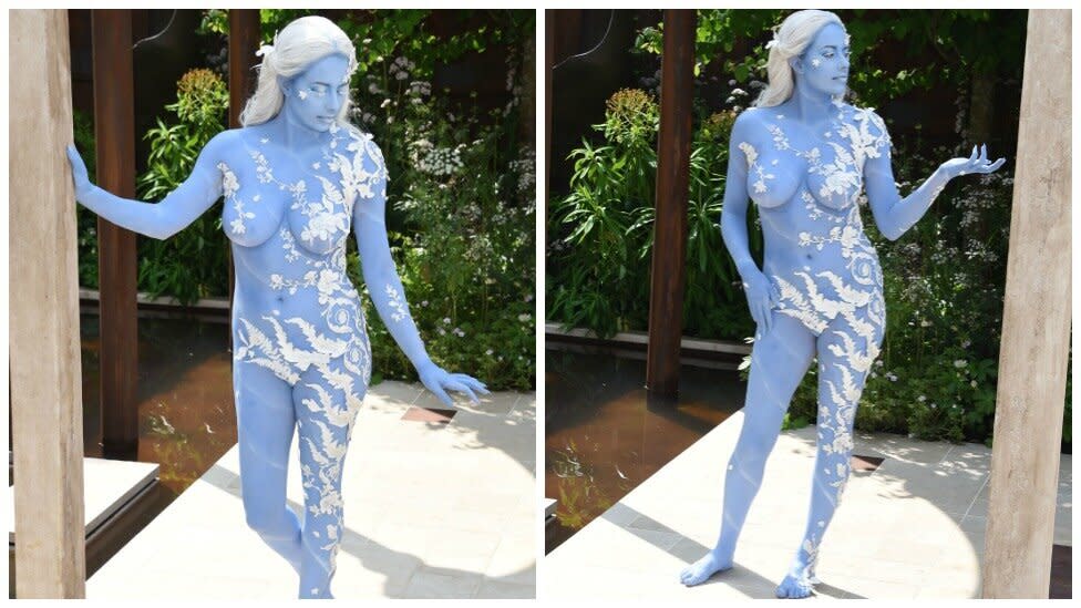 Naked model Alexandra Ford in body paint at RHS Chelsea Flower Show 2019