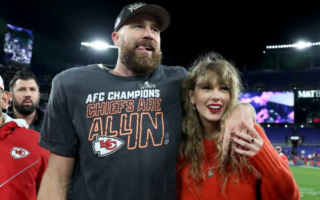 Travis Kelce and Taylor Swift.  Patrick Smith/Getty Images.