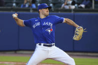 Toronto Blue Jays starting pitcher Ross Stripling throws to a New York Yankees batter during the fifth inning of a baseball game Wednesday, June 16, 2021, in Buffalo, N.Y. (AP Photo/Jeffrey T. Barnes)