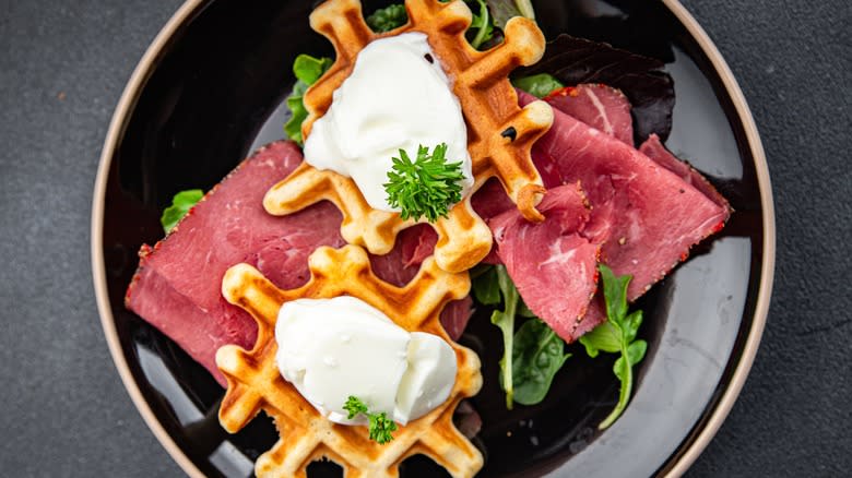 pastrami waffles with butter
