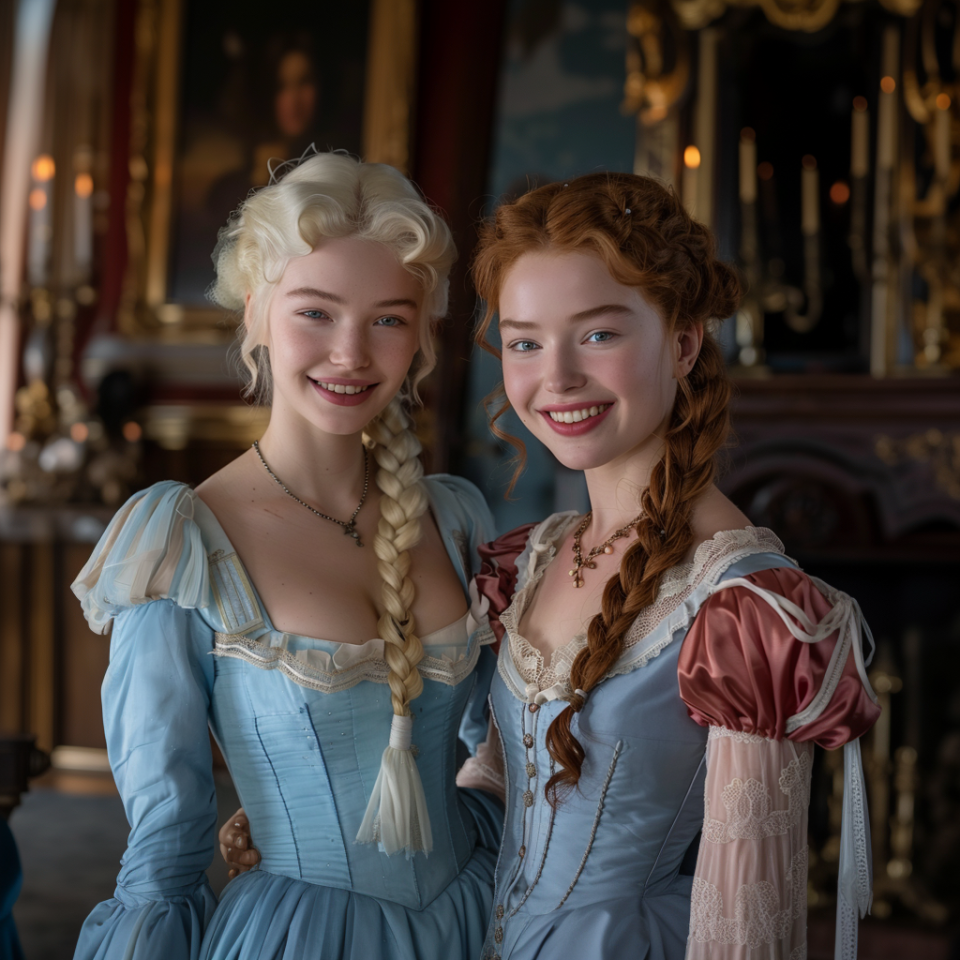 Actresses in period costumes with braided hairstyles, standing in front of an ornate background