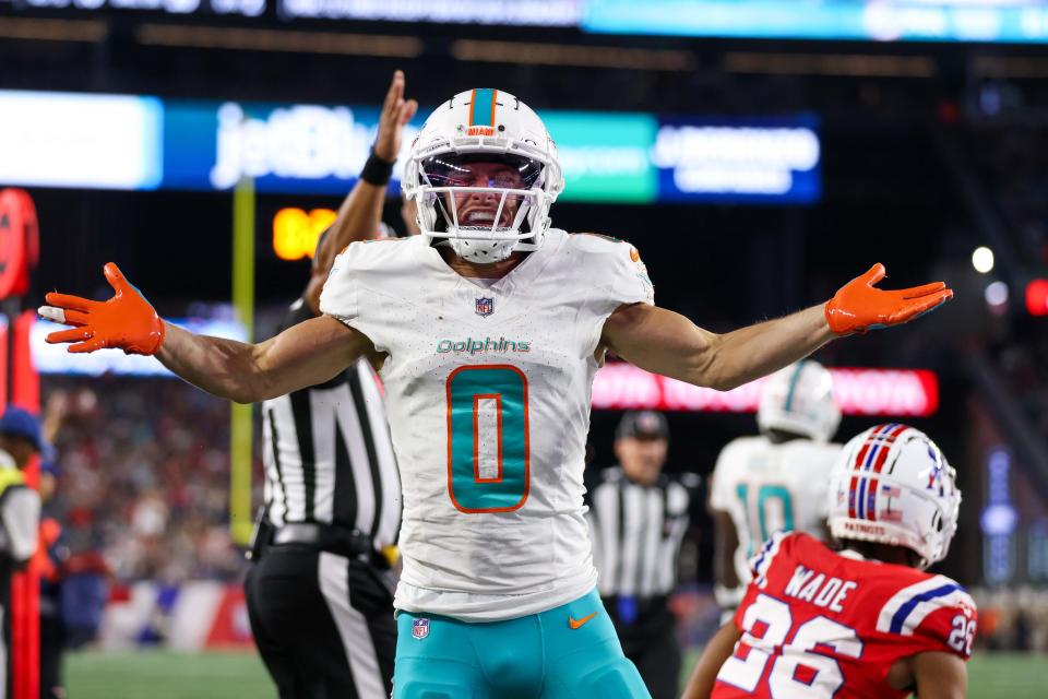 Miami Dolphins receiver Braxton Berrios celebrates after a catch during the first half against the New England Patriots at Gillette Stadium on Sunday night.