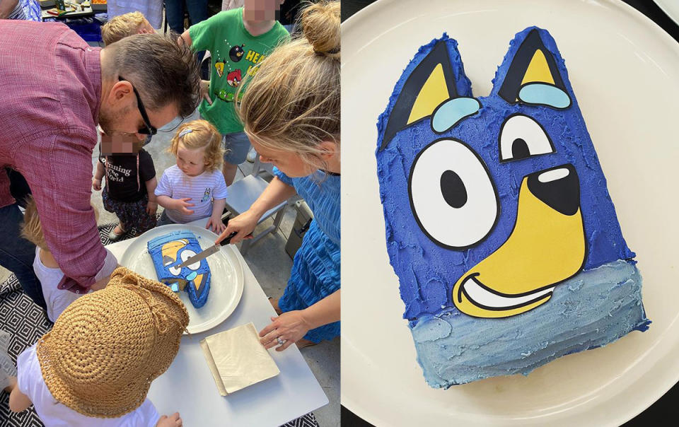 Eddy got stuck into cutting up her daughter Molly's Bluey cake which she made herself. Photo: Instagram/edwina_b.