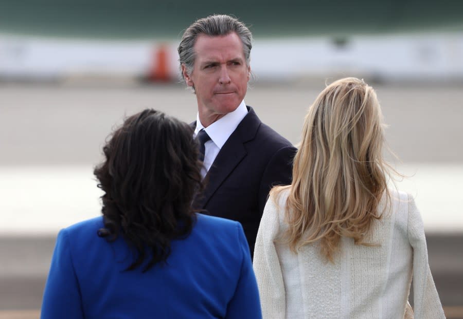 Governor Gavin Newsom looks on as he awaits the arrival of U.S. President Joe Biden at San Francisco International Airport ahead of the APEC summit on November 14, 2023. (Photo by Justin Sullivan/Getty Images)