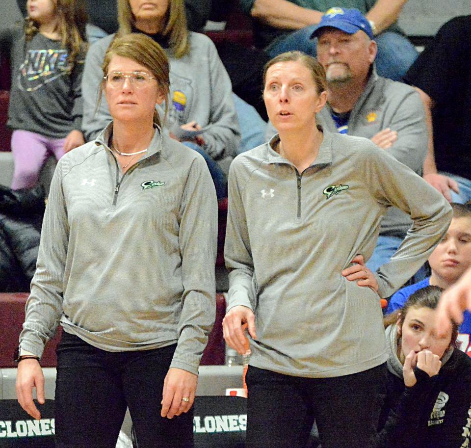 Clark-Willow Lake head girls basketball coach Andrea Begeman (right) and assistant Shannon Huber watch the action during the Cyclones' Northeast Conference game against Aberdeen Roncalli on Thursday, Jan. 19, 2023 in Clark.