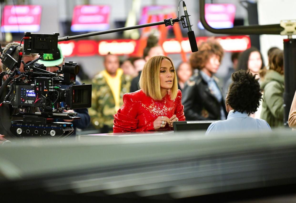Jennifer Lopez seen filming on location for 'Marry Me' at JFK Airport on November 8, 2019 in New York.