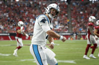 Carolina Panthers quarterback Kyle Allen (7) celebrates his touchdown pass against the Arizona Cardinals during the first half of an NFL football game, Sunday, Sept. 22, 2019, in Glendale, Ariz. (AP Photo/Ross D. Franklin)