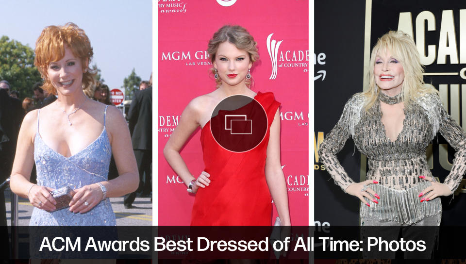 best dressed celebrity red carpet fashion style at the acm awards, dolly parton, taylor swift outfits, reba mcentire