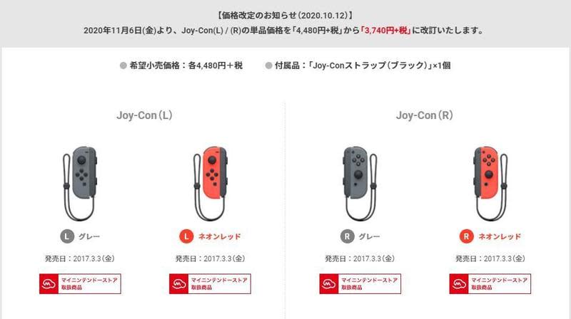 日本任天堂宣布，從11月6日起，單支Joy-Con控制器的價格將會全面調降。（翻攝自網路）