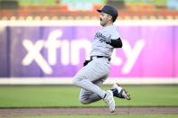 New York Yankees' Austin Wells starts his slide toward second base on his double during the second inning of a baseball game against the Baltimore Orioles, Monday, April 29, 2024, in Baltimore. (AP Photo/Nick Wass)