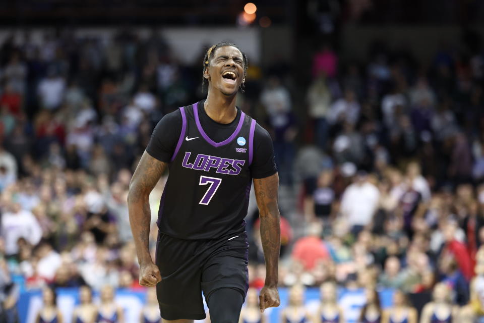 Grand Canyon guard Tyon Grant-Foster celebrates during an NCAA tournament first-round win over Saint Mary's on Friday in Spokane, Washington. (Photo by C. Morgan Engel/NCAA Photos via Getty Images)