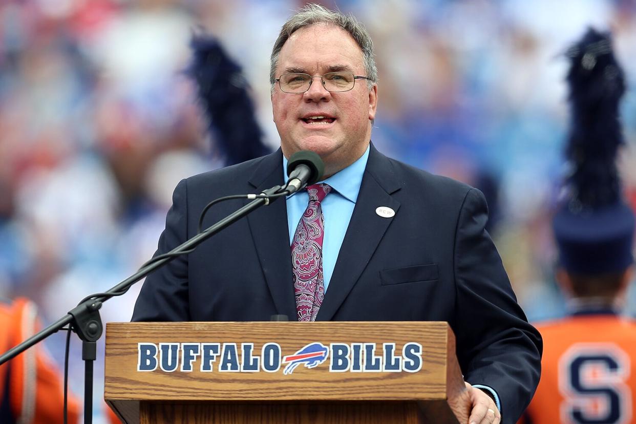 ORCHARD PARK, NY - SEPTEMBER 14: John Murphy, Voice of the Bills, speaks to the crowd before the game between the Buffalo Bills and the Miami Dolphins at Ralph Wilson Stadium on September 14, 2014 in Orchard Park, New York. (Photo by Vaughn Ridley/Getty Images)