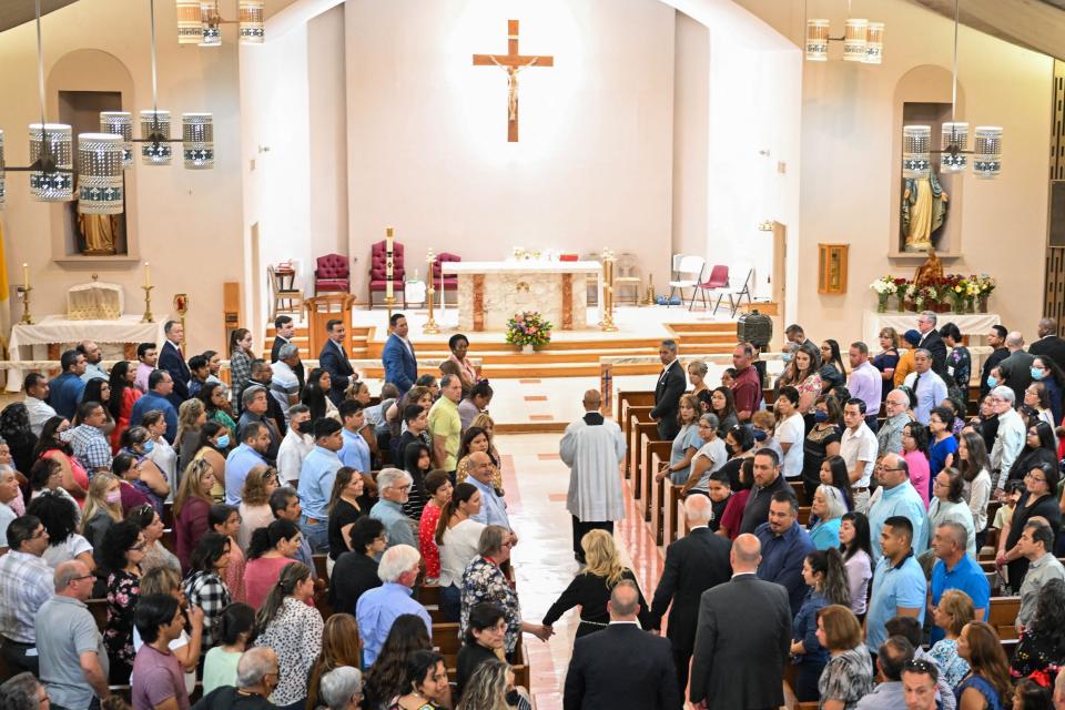 President Joe Biden and First Lady Jill Biden attend Mass at Sacred Heart Catholic Church in Uvalde, Texas on May 29, 2022.