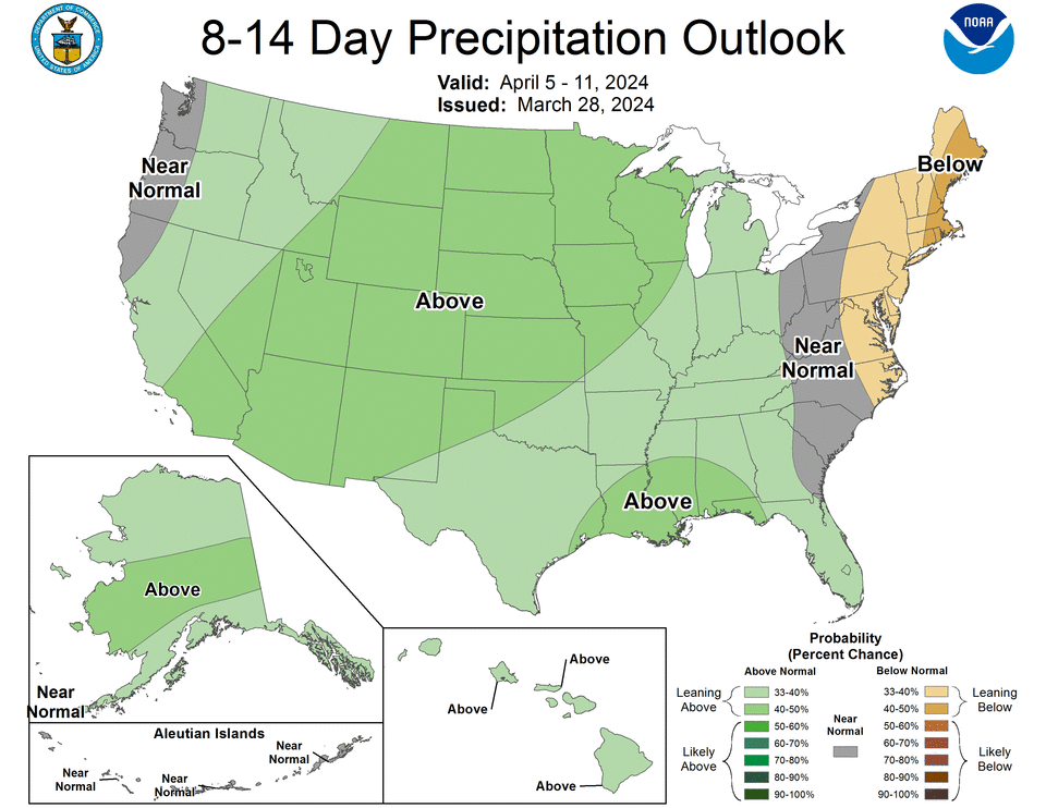 The eight- to 14-day precipitation outlook for Florida for April 5-11, which covers the day of the April 8 eclipse, is leaning toward above-normal.