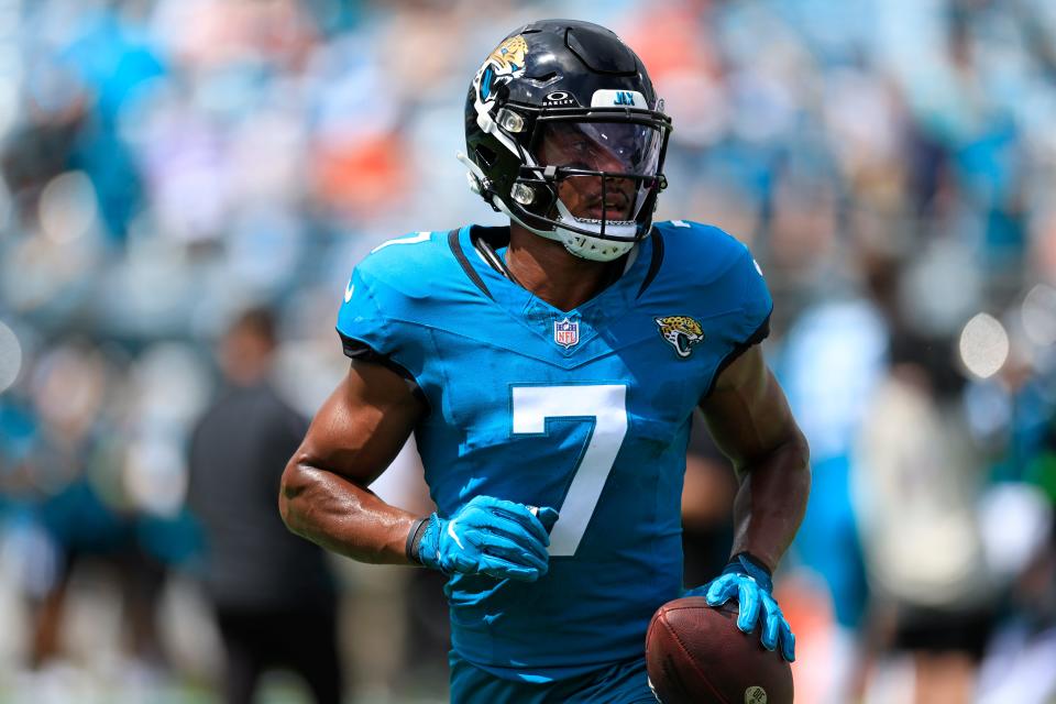 Jacksonville Jaguars wide receiver Zay Jones runs to the sideline before an NFL football game on Sept. 17 at EverBank Stadium in Jacksonville.