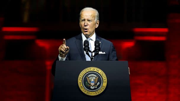 PHOTO: President Joe Biden speaks about the soul of the nation, outside of Independence National Historical Park in Philadelphia, Sept. 1, 2022.  (Jim Watson/AFP via Getty Images)