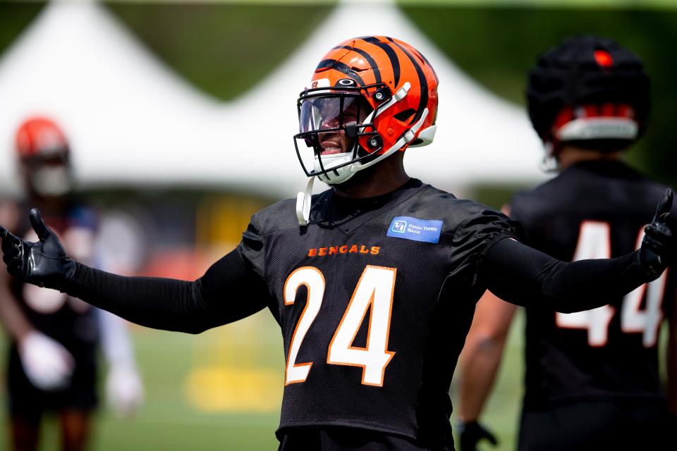 Cincinnati Bengals safety Vonn Bell (24) smiles during Cincinnati Bengals preseason training camp at the Paul Brown Stadium training facility in Cincinnati on Thursday, July 28, 2022.