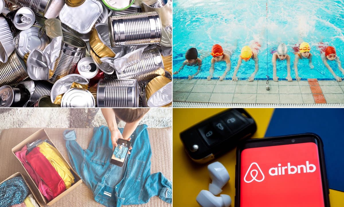 Compilation image of recycling cans, kids swimming lesson, airbnb logo and someone taking photos of clothes on an iPhone.