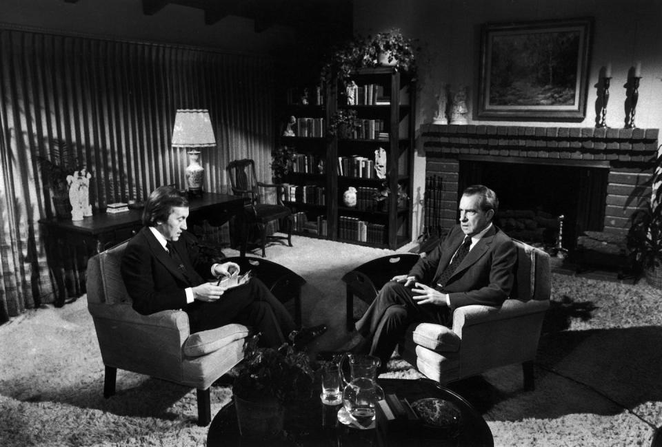 Richard Nixon speaks with journalist David Frost in 1977, three years after Nixon resigned. <a href="https://media.gettyimages.com/id/50426386/photo/frost-interviews-nixon.jpg?s=612x612&w=gi&k=20&c=ghRZcU4BWKy-fprsduiqPDQybzP0A86zbemPw8rP1os=" rel="nofollow noopener" target="_blank" data-ylk="slk:John Bryson/Getty Images;elm:context_link;itc:0;sec:content-canvas" class="link ">John Bryson/Getty Images</a>