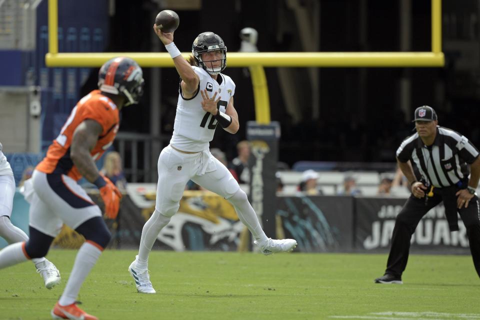 Jacksonville Jaguars quarterback Trevor Lawrence throws a pass against the Denver Broncos on Sept. 19, 2021, in Jacksonville.