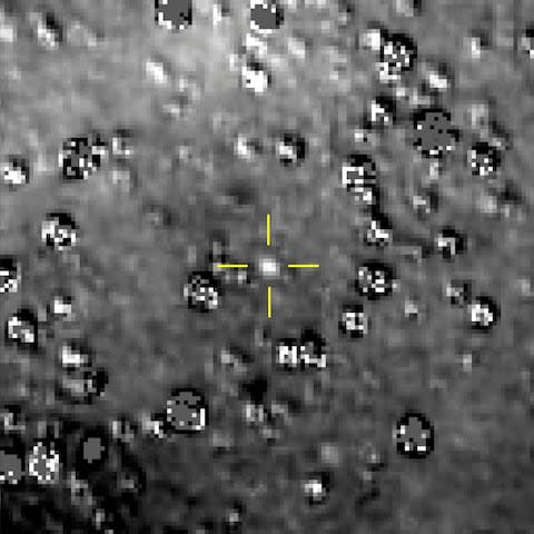 The Kuiper Belt object nicknamed "Ultima Thule," indicated by the crosshairs at center, with stars surrounding it on Aug. 16, 2018 - Credit: AP