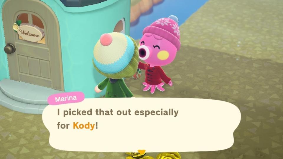 Animal crossing Marina saying "I picked this out especially for Kody" to a human villager