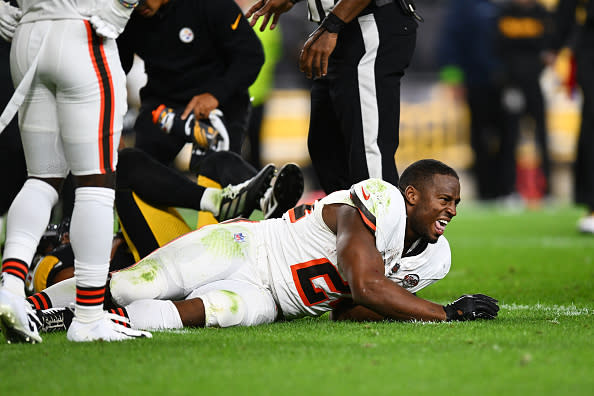 PITTSBURGH, PENNSYLVANIA – SEPTEMBER 18: Nick Chubb #24 of the Cleveland Browns reacts after sustaining a knee injury against the Pittsburgh Steelers during the second quarter at Acrisure Stadium on September 18, 2023 in Pittsburgh, Pennsylvania. (Photo by Joe Sargent/Getty Images)