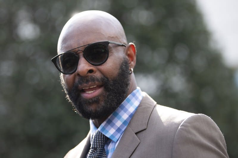 NFL great Jerry Rice speaks to the media after then-President Donald Trump pardoned ex-San Francisco 49ers owner Edward DeBartolo Jr. at the White House in Washington, D.C., on February 18, 2020. Rice turns 61 on October 13. File Photo by Kevin Dietsch/UPI