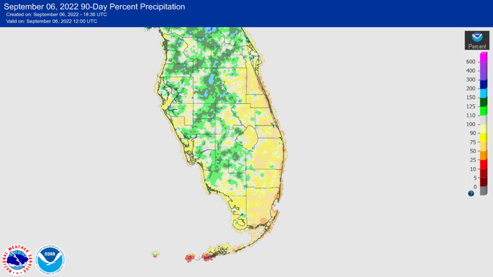 El mapa del Servicio de Predicción Hirdrológica Avanzada del Servicio Meteorológico Nacional muestra los últimos 90 días de precipitaciones desde el 6 de septiembre de 2022. El sur de la Florida está por debajo de la norma en cuanto a cantidades de lluvia en lo que va del verano de 2022 en al menos un 50%.