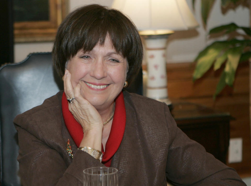 FILE - In this Dec. 18, 2007, file photo, Louisiana Gov. Kathleen Blanco conducts an interview in her office Baton Rouge, La. Louisiana Gov. John Bel Edwards’ office confirmed former Louisiana Gov. Kathleen Babineaux Blanco, who became the state’s first female elected governor, died Sunday, Aug. 18, 2019. She was 76. (AP Photo/Bill Haber, File)