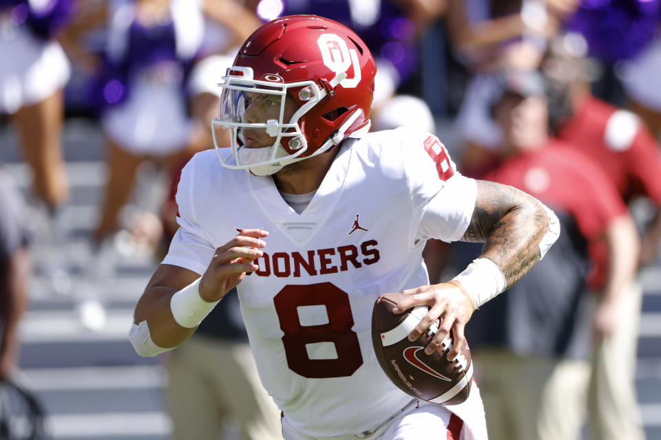 FILE - Oklahoma quarterback Dillon Gabriel (8) looks to throw against TCU during the first half of an NCAA college football game Saturday, Oct. 1, 2022, in Fort Worth, Texas. Gabriel was selected biggest injury in the Associated Press Big 12 Midseason Awards, Tuesday, Oct. 11, 2022. (AP Photo/Ron Jenkins)