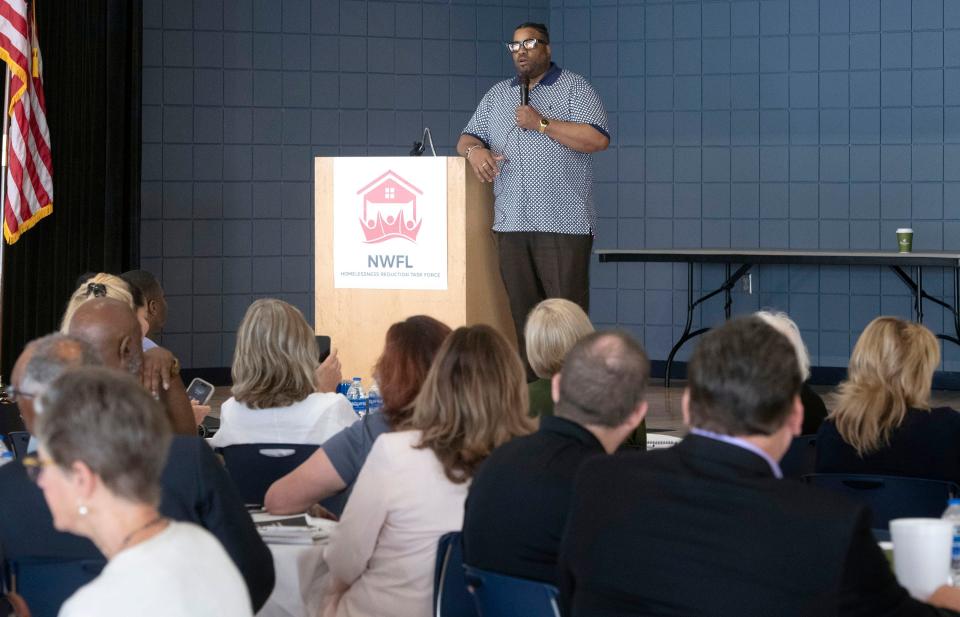 Dr. Joe Savage, Jr.,  a recognized leader in homelessness and social policy, meets with local advocacy groups for people without housing during a homelessness reduction task force meeting on Wednesday, May 10, 2023. 