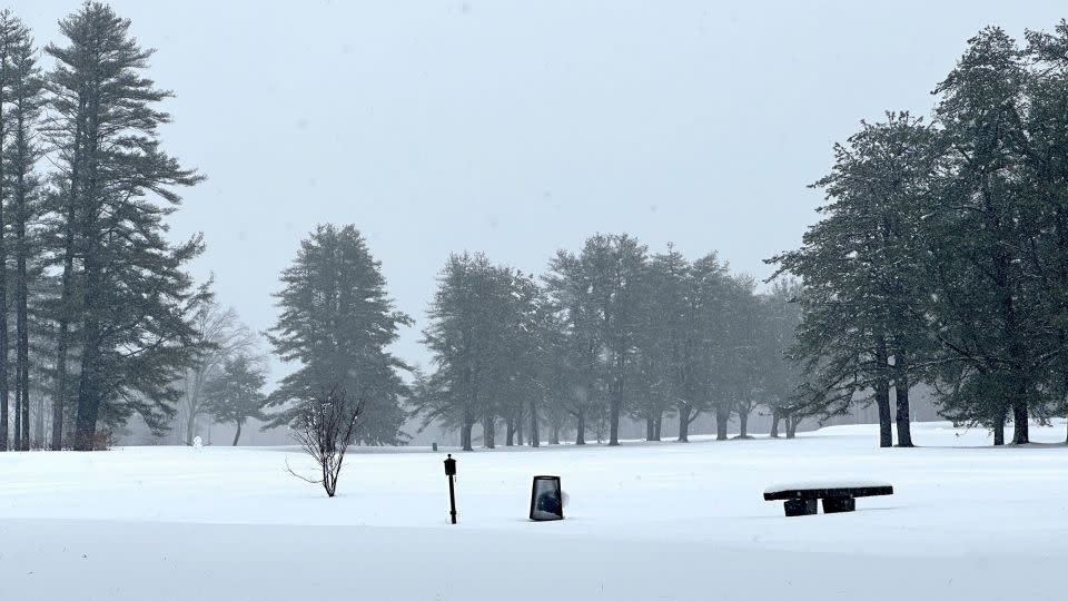 A snowman stands on Beaver Meadow Golf Course in Concord, New Hampshire on Thursday, April 4, 2024. - Kathy McCormack/AP