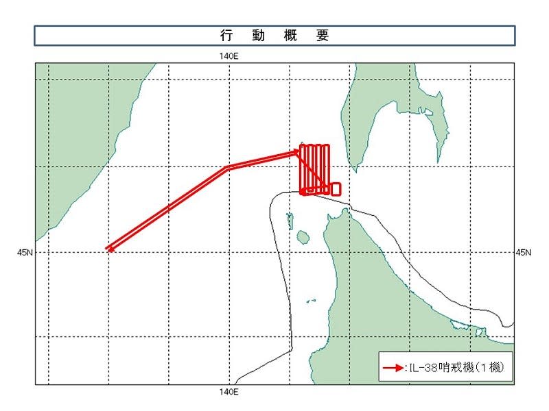 A map of a northern island in Japan showing a Russian aircraft's flight pattern.