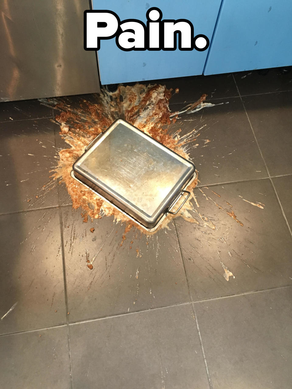 "Pain": A pan of lasagna fallen on the kitchen floor