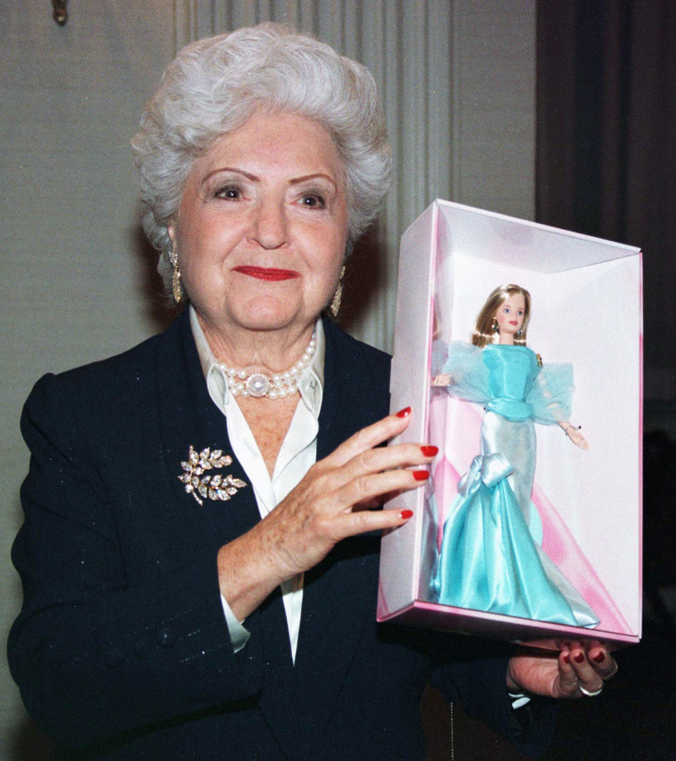 Ruth Handler, a co-founder of Mattel Toys Inc. and creator of the Brabie Doll holds a Bardie that was created for the 40th Anniversary party for the doll in New York City, February 7, 1999. The toy company is kicking off a year-long celebration of Barbie's 40 years. (Photo by Jeff Christensen)