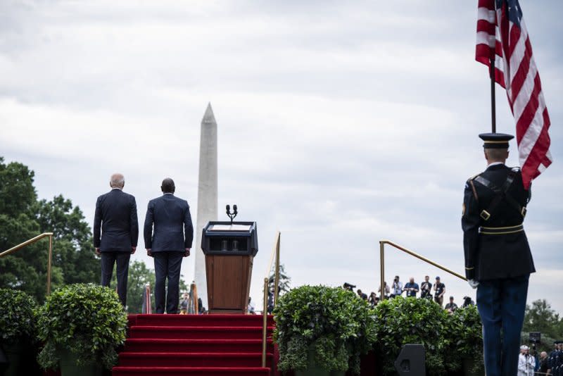 U.S. President Joe Biden (L) welcomes President William Ruto (R) and his wife, Rachel Ruto, of Kenya for a state visit at the White House on Thursday. Pool Photo by Haiyun Jiang/UPI