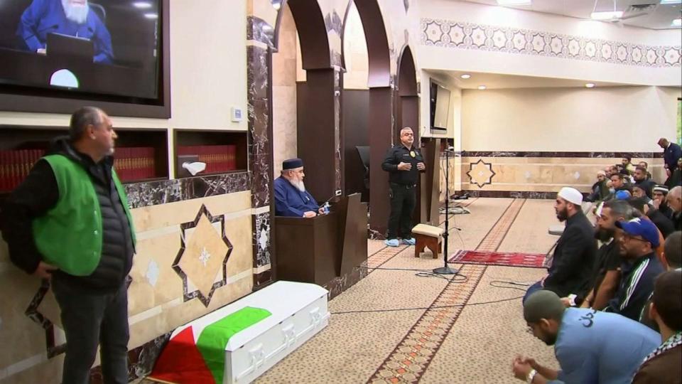 PHOTO: People pray at the funeral for Wadea Al-Fayoume, 6, a Muslim boy who according to police was stabbed to death in an attack that targeted him and his mother for their religion in Bridgeview, Illinois, Oct. 16, 2023. (WLS)