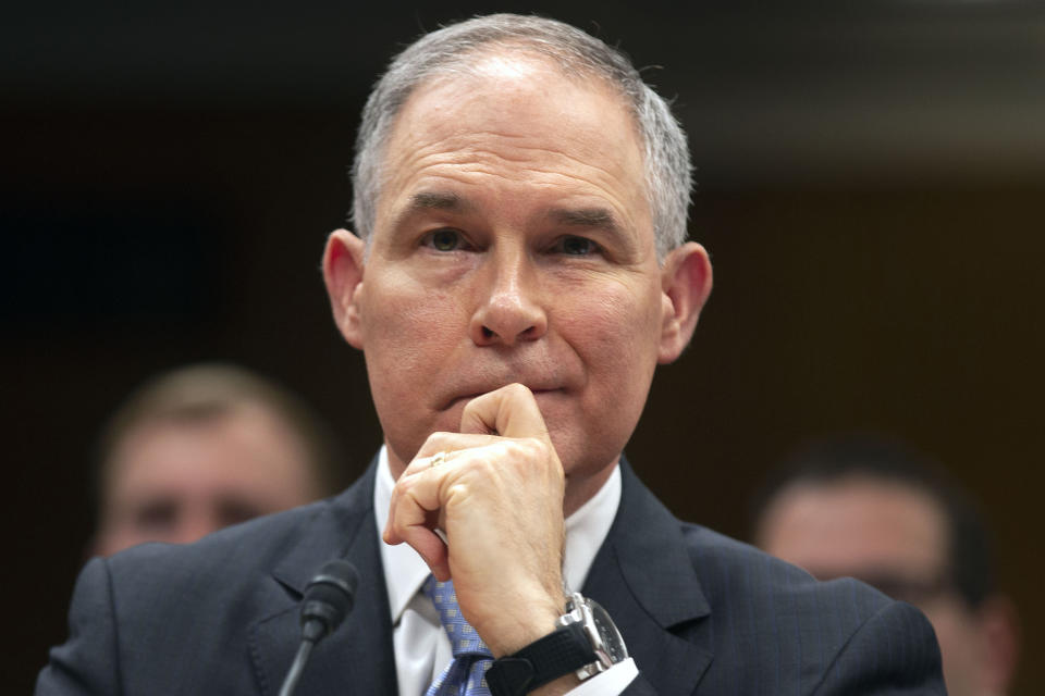 EPA Administrator Scott Pruitt testifies before a Senate Appropriations Interior, Environment, and Related Agencies Subcommittee hearing on the proposed budget estimates and justification for FY2019 for the Environmental Protection Agency on Capitol Hill in Washington, U.S., May 16, 2018. REUTERS/Al Drago - HP1EE5G15QD3I