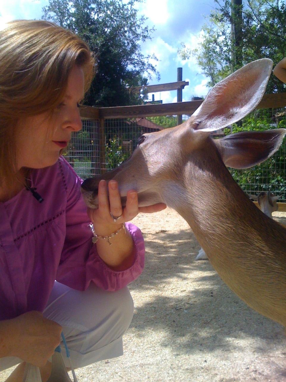 Clementine the white-tailed deer nuzzles with FLORIDA TODAY Food Editor Suzy Fleming Leonard in July 2009 at Brevard Zoo in Viera.