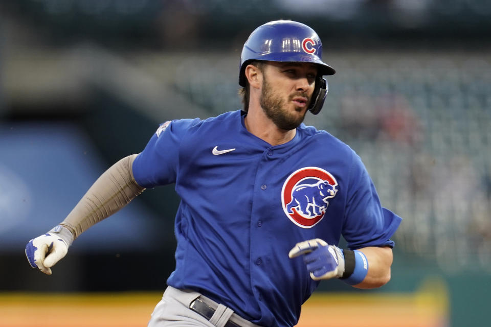 Chicago Cubs' Kris Bryant runs the bases against the Detroit Tigers in the fifth inning of a baseball game in Detroit, Friday, May 14, 2021. (AP Photo/Paul Sancya)