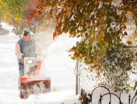 A man blows snow from his sidewalk in Buffalo, New York, November 19, 2014. REUTERS/Lindsay DeDario